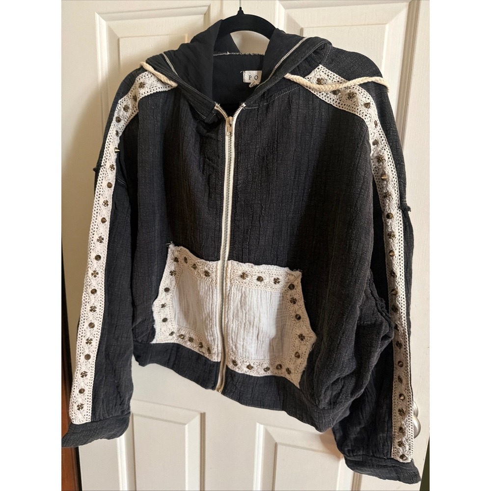 Pol Clothing Steel Blue Gauze Crochet Lace Studded Zip Up Hoodie Jacket Womens M